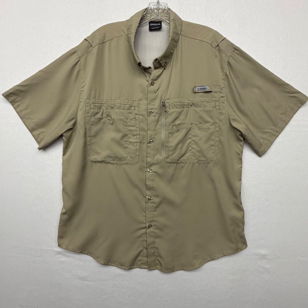 Gradual Shirt Mens Large Beige Outdoor Fishing Vented Short Sleeve Button